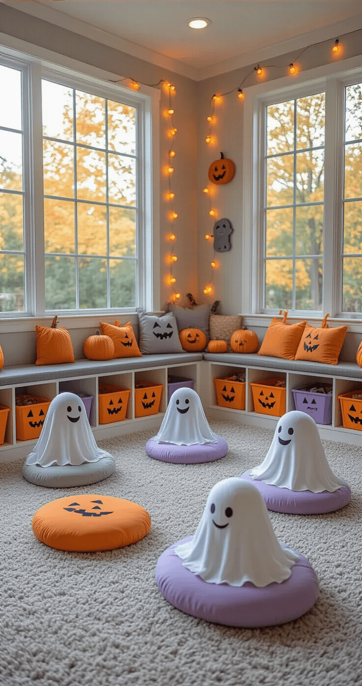 A brightly colored family-friendly playroom decorated for Halloween, featuring pastel foam tombstones, plush fabric ghosts with smiley faces, and warm orange and yellow LED string lights, all on soft carpet flooring. The space includes built-in toy storage cubbies with friendly monster faces, beanbag chairs in autumn colors, and large windows allowing natural light, creating a safe and inviting atmosphere for young children.