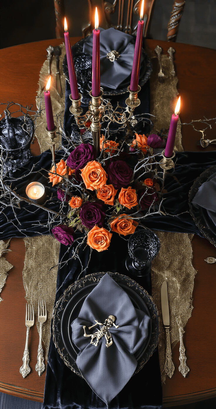 Crafting the Ultimate Halloween Party Table: A Spooky Styling Guide Cinematic overhead shot of a Gothic Halloween dining room with a mahogany table draped in black velvet and metallic gold mesh, featuring deep purple candles, blood orange roses, tarnished silver chargers, and Gothic dinnerware, all illuminated by warm candlelight.