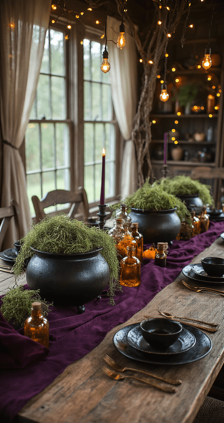 Crafting the Ultimate Halloween Party Table: A Spooky Styling Guide Wide-angle view of a witch-themed dining space at golden hour, featuring a rustic wooden farmhouse table with a dark purple linen runner, antique brass cauldrons filled with Spanish moss and dried herbs, and LED string lights among twisted willow branches. The setting includes black ceramic plates with copper accents, vintage apothecary bottles with colored liquids, weathered wooden chargers, and burgundy velvet napkins, all illuminated by soft natural light and warm artificial lighting through sheer curtains, creating a mysterious and enchanting atmosphere.