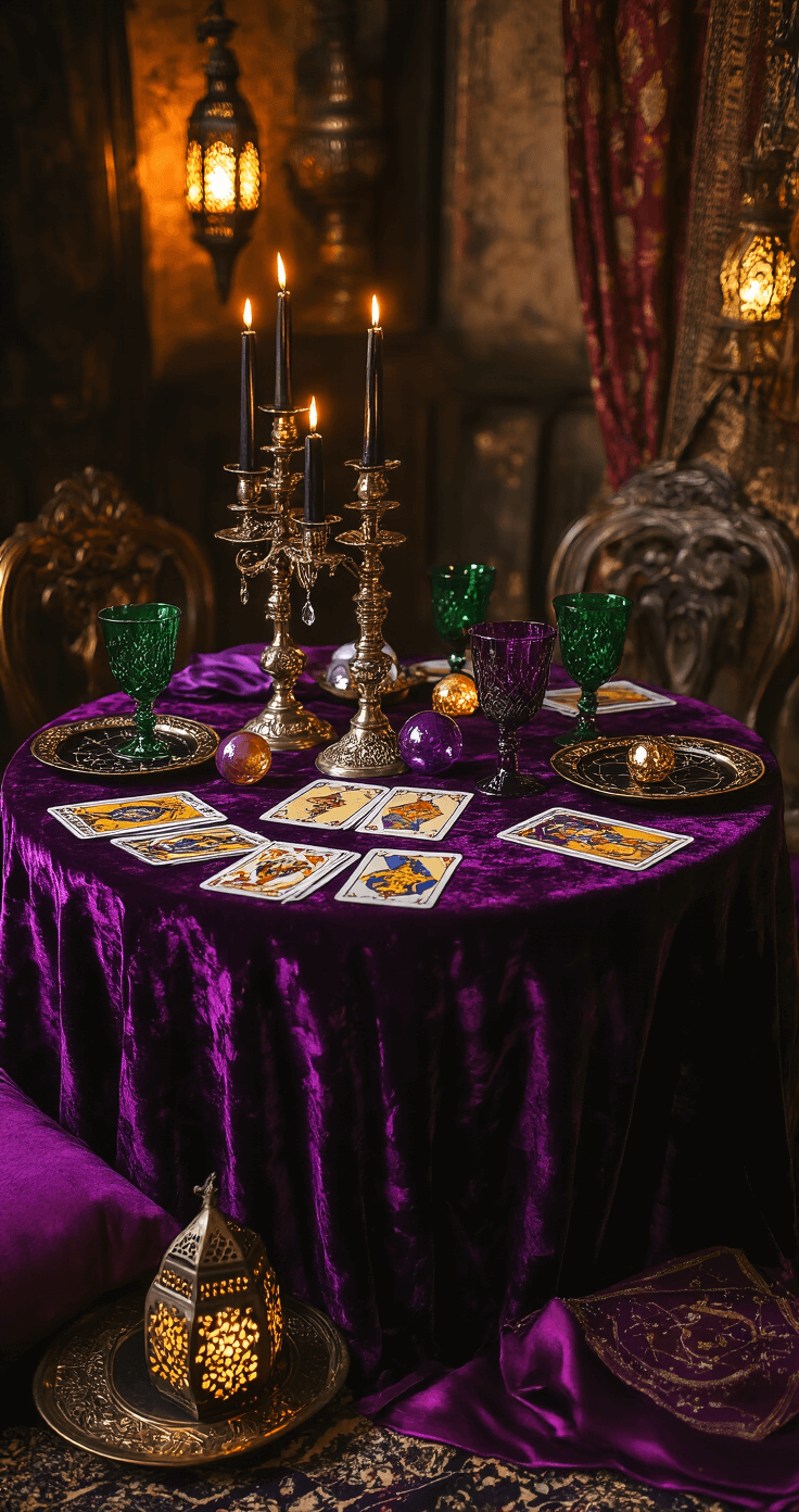 Crafting the Ultimate Halloween Party Table: A Spooky Styling Guide Elegant fortune teller's dining setup with a round pedestal table draped in deep purple velvet, adorned with tarot cards and crystal balls. Surrounded by ornate silver candlesticks with dripping black candles, jewel-toned goblets, gold-rimmed black plates featuring constellation patterns, and vintage brass serving trays. Silk napkins in rich purples and golds complete the intimate, mysterious atmosphere illuminated by Moroccan lanterns.