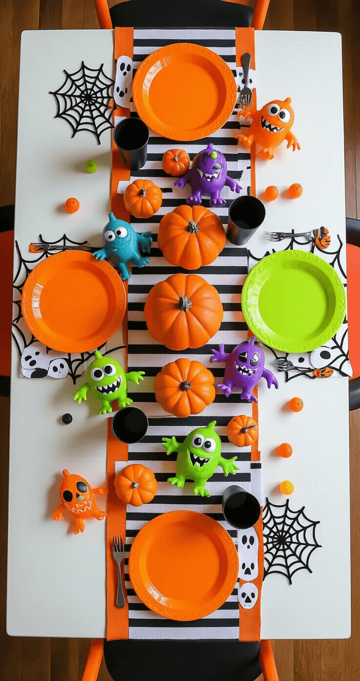 Crafting the Ultimate Halloween Party Table: A Spooky Styling Guide Overhead view of a festive monster-themed dining table featuring an orange and black striped runner, playful mini pumpkins, colorful monster figurines, orange melamine plates, black cups, and Halloween-themed napkins, all illuminated by cheerful pumpkin string lights in a bright and energetic setting.