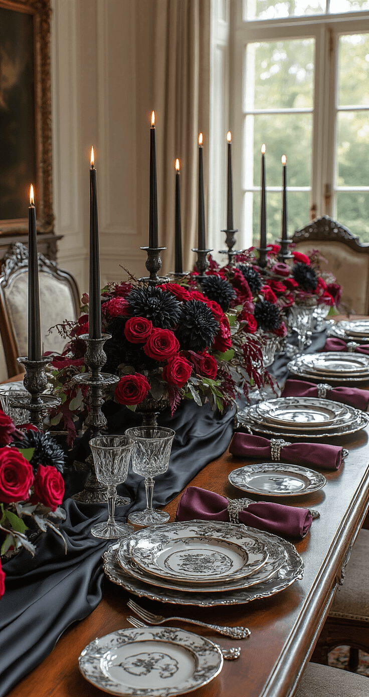 Crafting the Ultimate Halloween Party Table: A Spooky Styling Guide A refined Gothic elegance dining table set up, featuring a long mahogany table draped in a black silk cloth, adorned with tall black taper candles, deep red roses, and dark foliage, with gray bone china and crystal stemware, all illuminated by subtle LED uplighting.