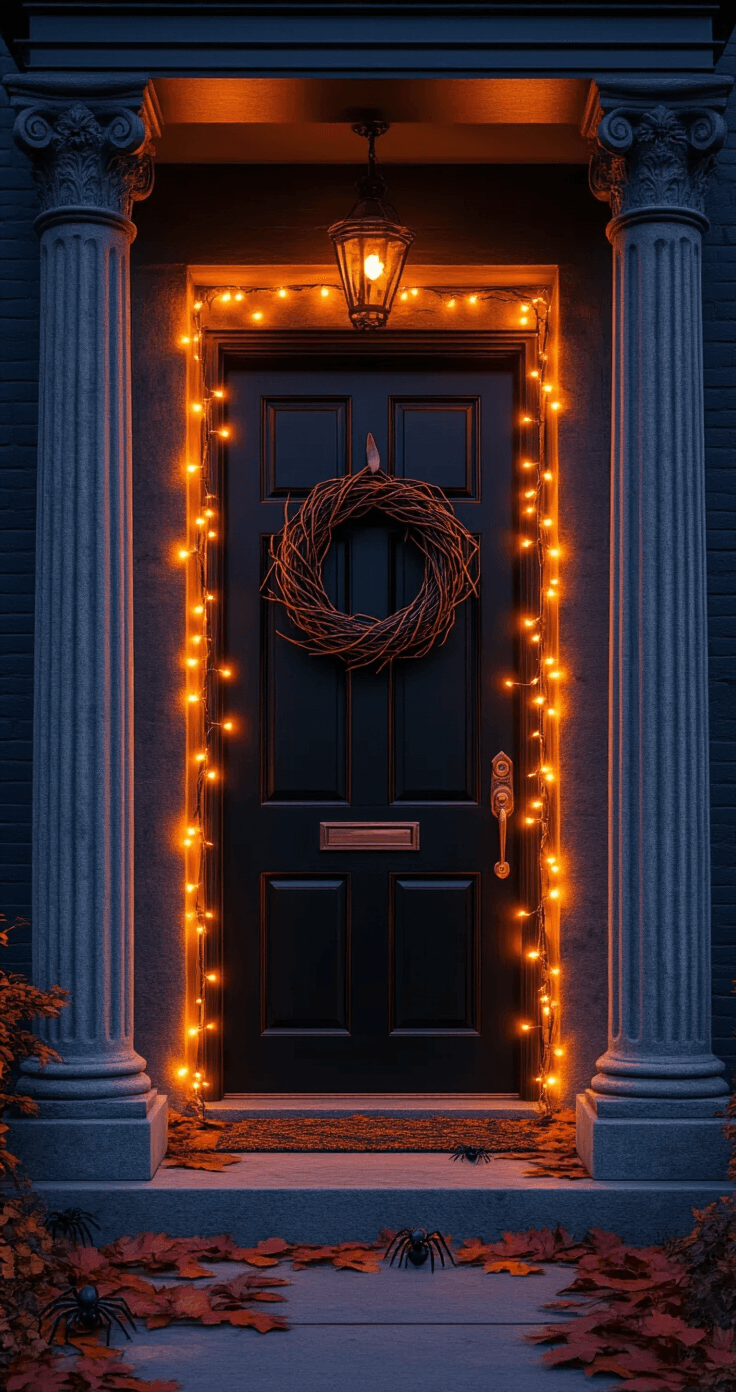 Spooktacular Halloween Door Decor: Transform Your Entryway into a Haunting Masterpiece Photorealistic entryway at dusk featuring a black wooden door framed by stone columns, adorned with a gothic bat wreath and weathered bronze doorknobs. Orange string lights illuminate the doorframe against charcoal walls, while faux cobwebs and plastic spiders add a spooky touch. The ground is scattered with burgundy autumn leaves, captured in a wide-angle shot showcasing a dramatic twilight sky.