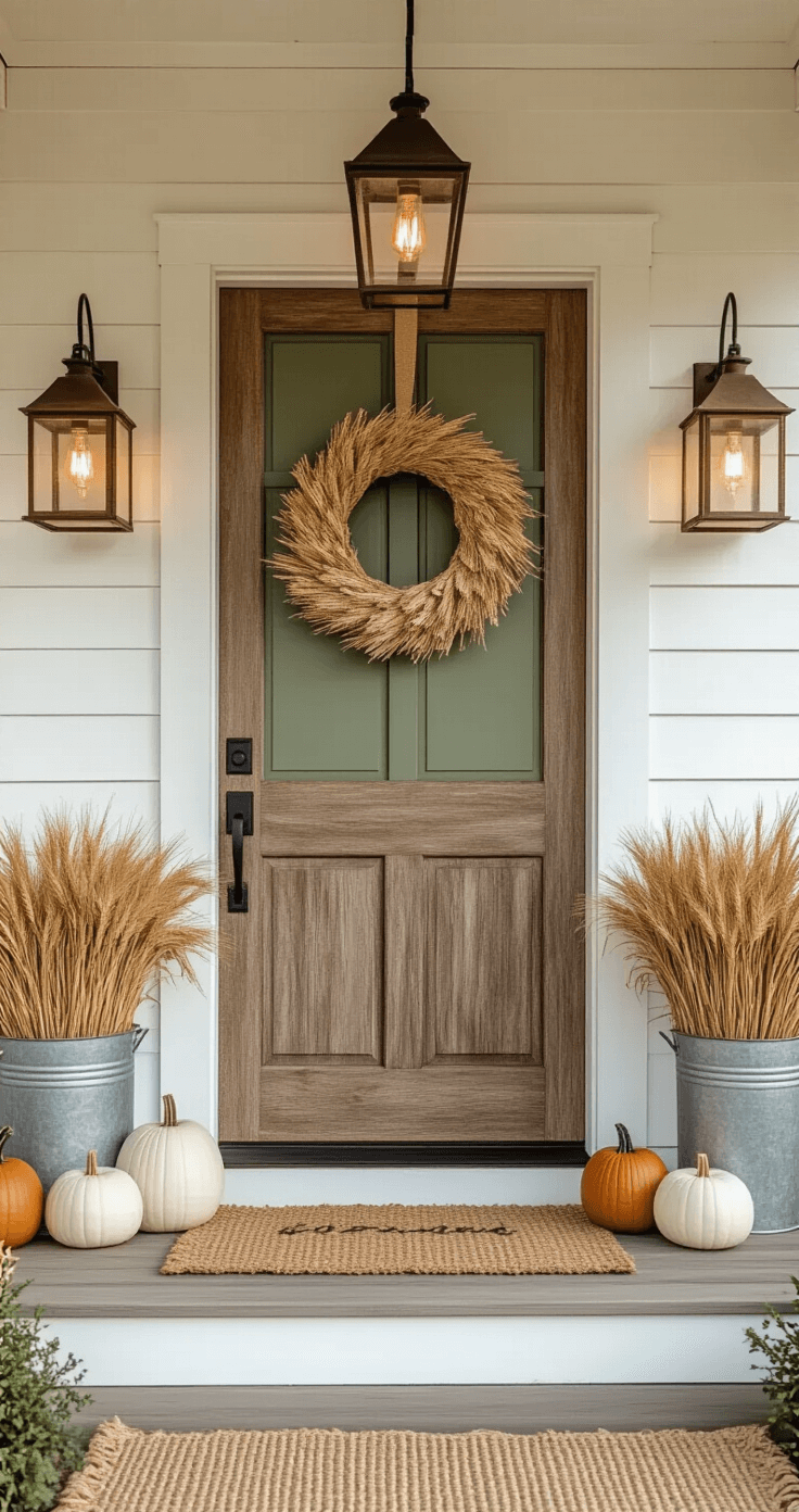 Spooktacular Halloween Door Decor: Transform Your Entryway into a Haunting Masterpiece A cozy modern farmhouse entryway at golden hour, featuring white shiplap siding with sage green trim, a rustic wooden door adorned with a burlap pumpkin wreath, flanked by amber lanterns, galvanized buckets with wheat stalks and mini pumpkins, and layered textures from a woven jute doormat and distressed wood welcome sign, all under warm overhead string lights.