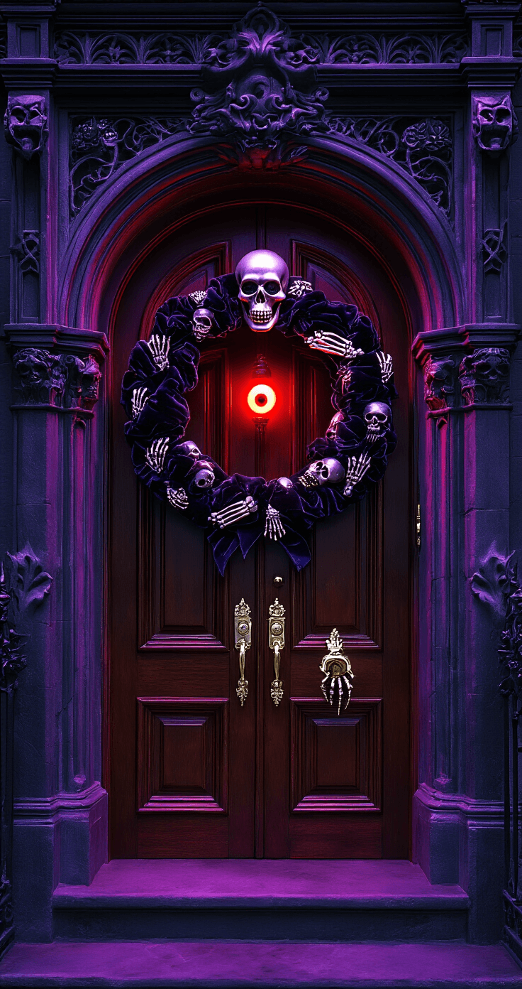 Spooktacular Halloween Door Decor: Transform Your Entryway into a Haunting Masterpiece Victorian Gothic entrance at night featuring ornate mahogany double doors with brass hardware, an elaborate skeleton-themed wreath, glowing red eyeball doorbell, and a skeleton hand door knocker, all illuminated by purple LED lighting amidst faux fog. Flanked by carved stone gargoyles and wrought iron details, the scene showcases dramatic chiaroscuro lighting for a spine-chilling atmosphere.