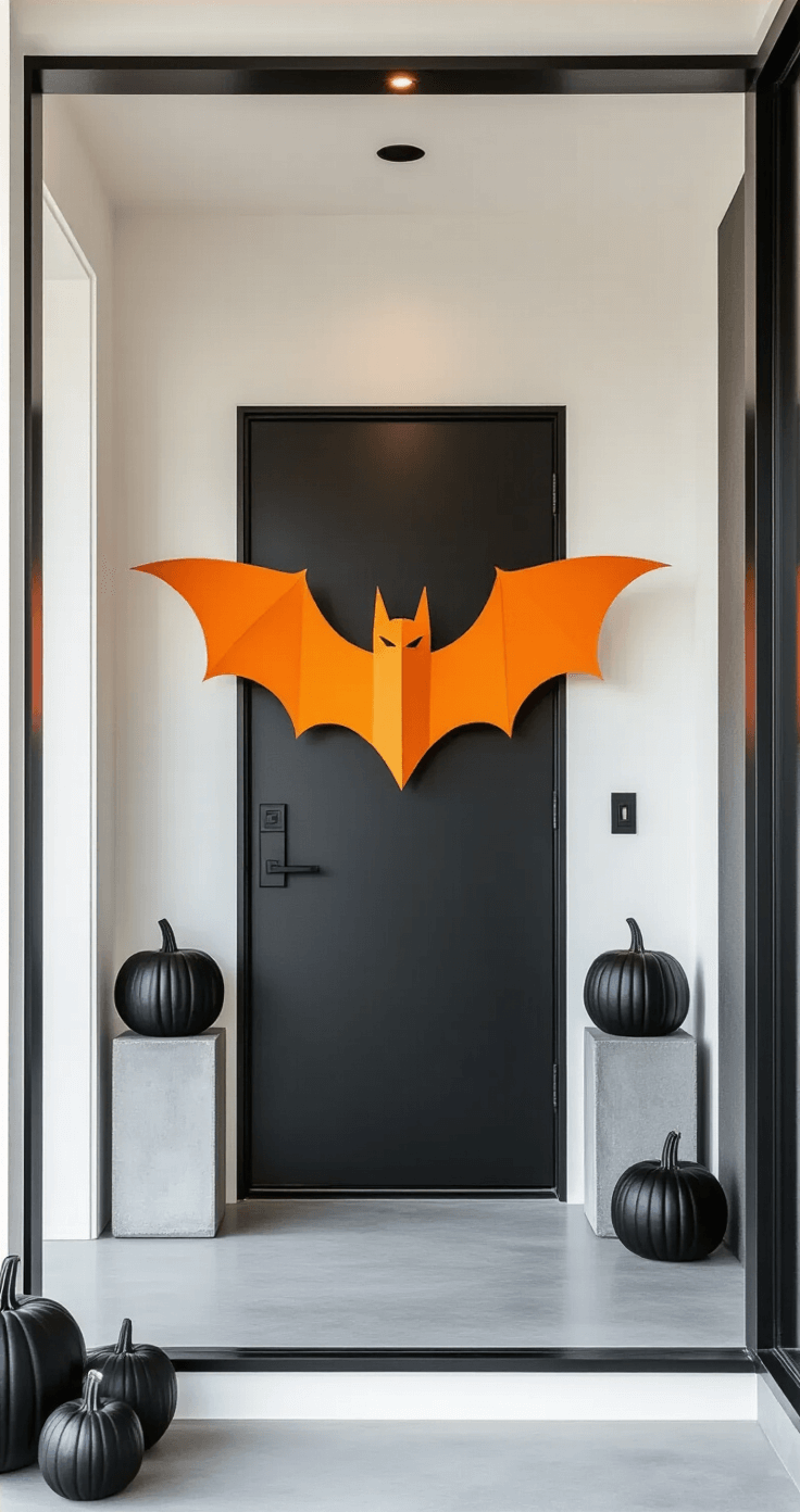 Spooktacular Halloween Door Decor: Transform Your Entryway into a Haunting Masterpiece Contemporary minimalist entryway featuring a sleek black steel door with geometric hardware, an oversized orange paper cutout bat installation, and a monochromatic color scheme of matte black, bright pumpkin orange, and crisp white walls. Modern concrete planters with black painted pumpkins and geometric arrangements complement the polished concrete floors, while hidden LED strip lighting beneath the door frame provides a subtle glow, creating a sophisticated yet playful Halloween aesthetic.
