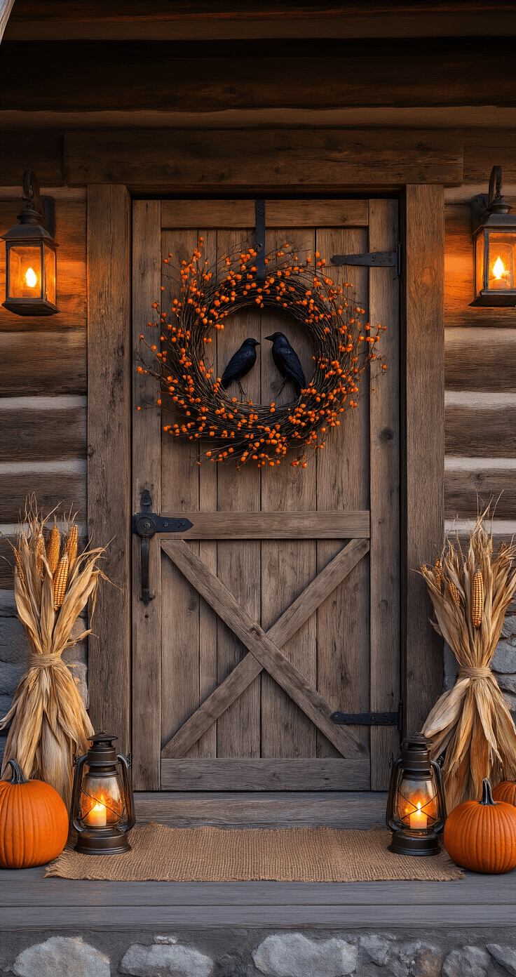 Spooktacular Halloween Door Decor: Transform Your Entryway into a Haunting Masterpiece Cozy rustic cabin entrance at twilight featuring a reclaimed wood door with iron hinges, adorned with a vine-covered wreath of ravens and autumn branches, flanked by vintage lanterns casting warm light against the cool evening sky.