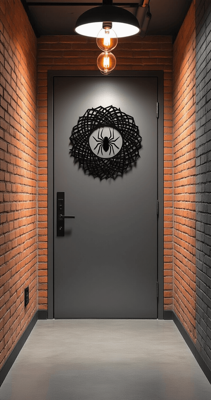 Spooktacular Halloween Door Decor: Transform Your Entryway into a Haunting Masterpiece Urban apartment hallway entrance displaying an industrial metal door framed by exposed brick. A sleek black paper cutout wreath with geometric spider designs hangs nearby, alongside a disguised motion-activated sound effects speaker. The modern decor features brushed steel and matte black elements, with Edison bulb fixtures casting dramatic overhead lighting. The polished concrete floors complement the charcoal gray and electric orange accents, creating an edgy metropolitan Halloween ambiance.