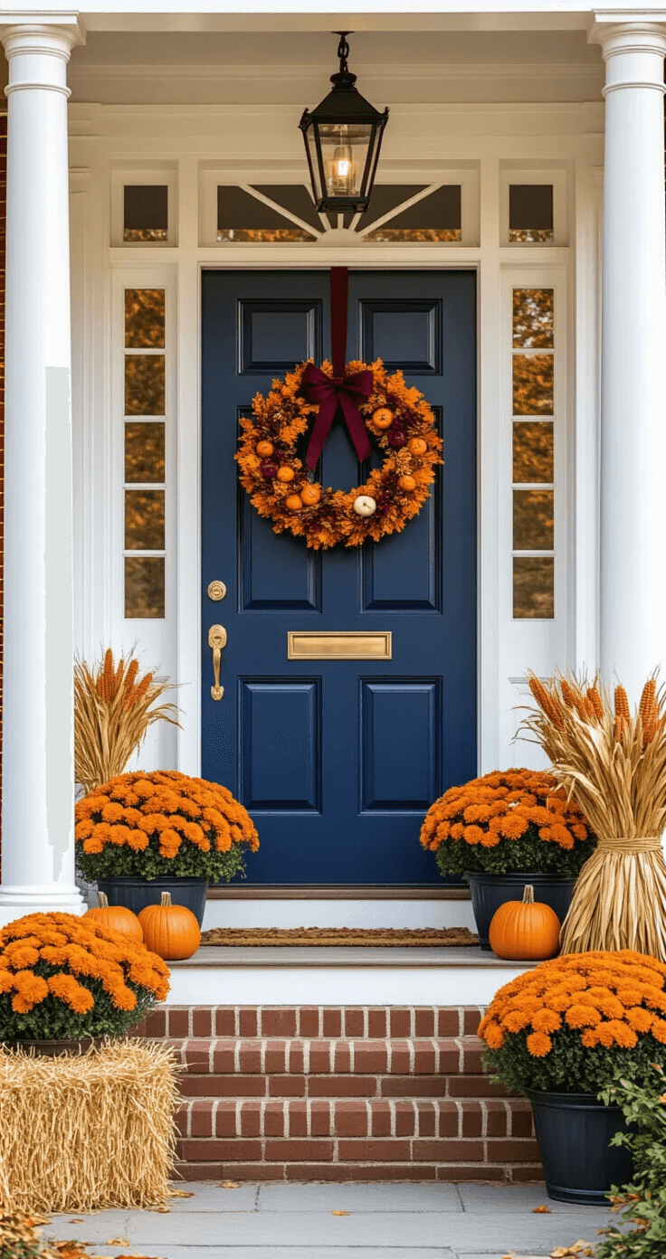 Spooktacular Halloween Door Decor: Transform Your Entryway into a Haunting Masterpiece Traditional colonial entrance featuring a deep navy blue six-panel door adorned with an abundant autumn wreath, miniature pumpkins, and a burgundy ribbon. Flanked by matching planters filled with orange mums and decorative corn stalks, complemented by hay bales. White colonial columns and brick steps lead to a symmetrical composition illuminated by warm morning light, highlighting seasonal textures in a classic American color scheme.