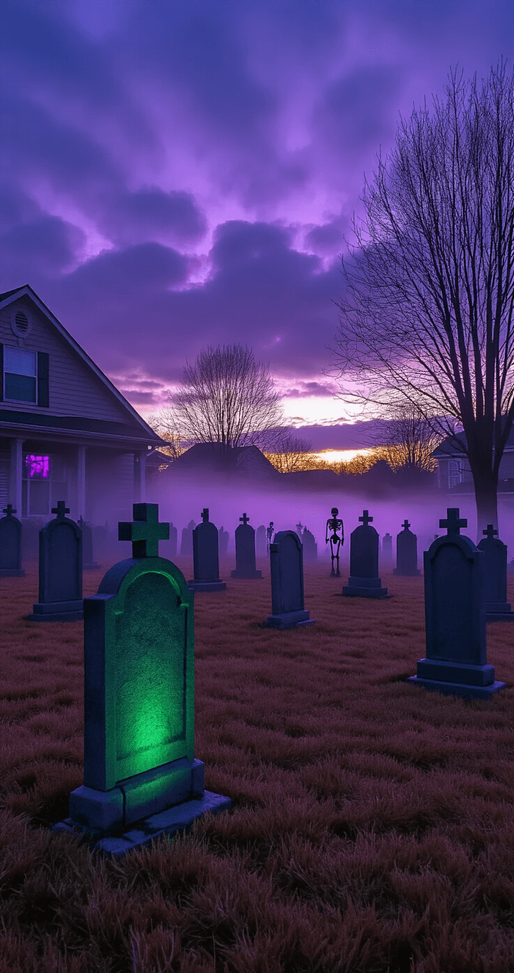 Haunting Halloween: Create a Spine-Chilling Front Yard Graveyard Display That'll Make the Neighbors Scream Wide angle shot of a suburban front yard transformed into a graveyard at dusk, featuring weathered foam tombstones, purple and green LED lights, low-lying fog, and skeletal figures, with a dramatic twilight sky and silhouetted bare tree branches.