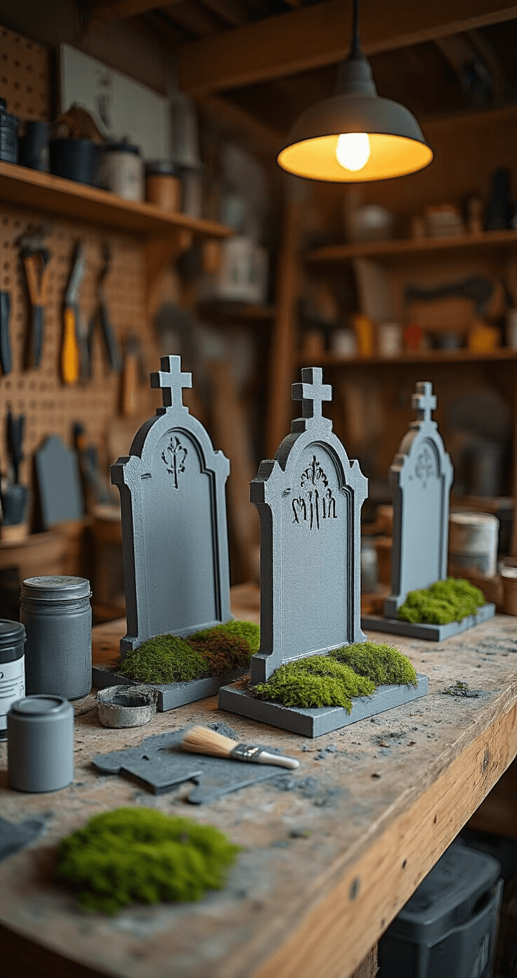 Haunting Halloween: Create a Spine-Chilling Front Yard Graveyard Display That'll Make the Neighbors Scream Close-up of a DIY tombstone creation workshop, featuring gray spray-painted foam boards drying on a wooden workbench. Scattered stencils and brushes, along with artificial moss on weathered surfaces, while half-finished headstones display Gothic lettering. Warm garage lighting from pendant lamps illuminates organized tools on pegboard walls, captured from above to showcase crafting details and textures.
