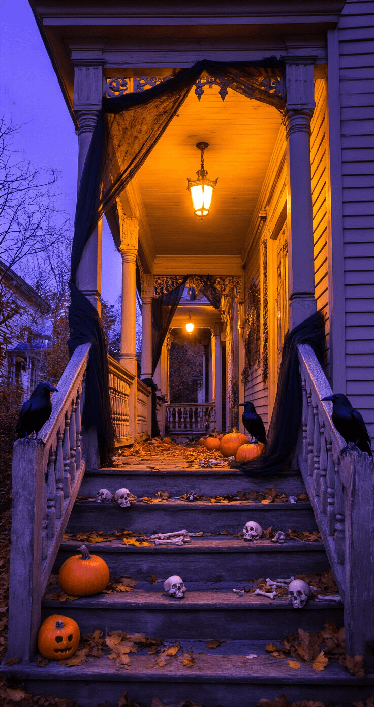 Haunting Halloween: Create a Spine-Chilling Front Yard Graveyard Display That'll Make the Neighbors Scream Twilight image of an antique wooden porch adorned with Halloween decorations, featuring tattered black fabric, fake ravens, warm amber lighting, cool purple yard lights, cobwebs, scattered bones, and skulls on weathered steps, with dead autumn leaves in the corners.