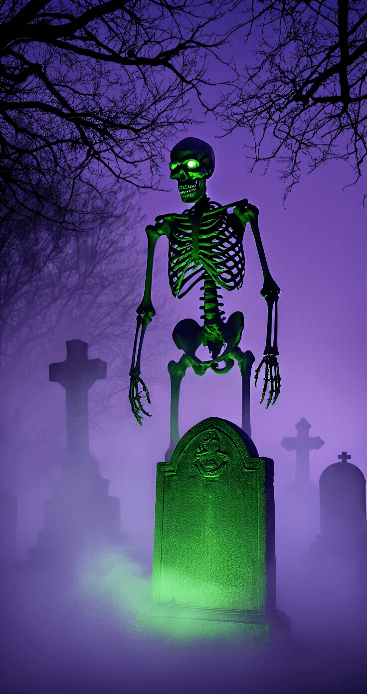 Haunting Halloween: Create a Spine-Chilling Front Yard Graveyard Display That'll Make the Neighbors Scream Dramatic low-angle shot of a life-sized skeleton emerging from fog in a graveyard, positioned behind an ancient tombstone. Green LED uplighting casts menacing shadows on the weathered bones, while thick fog swirls around its base. Bare branches overhead create twisted silhouettes against a deep purple evening sky, enhancing the intimidating effect.