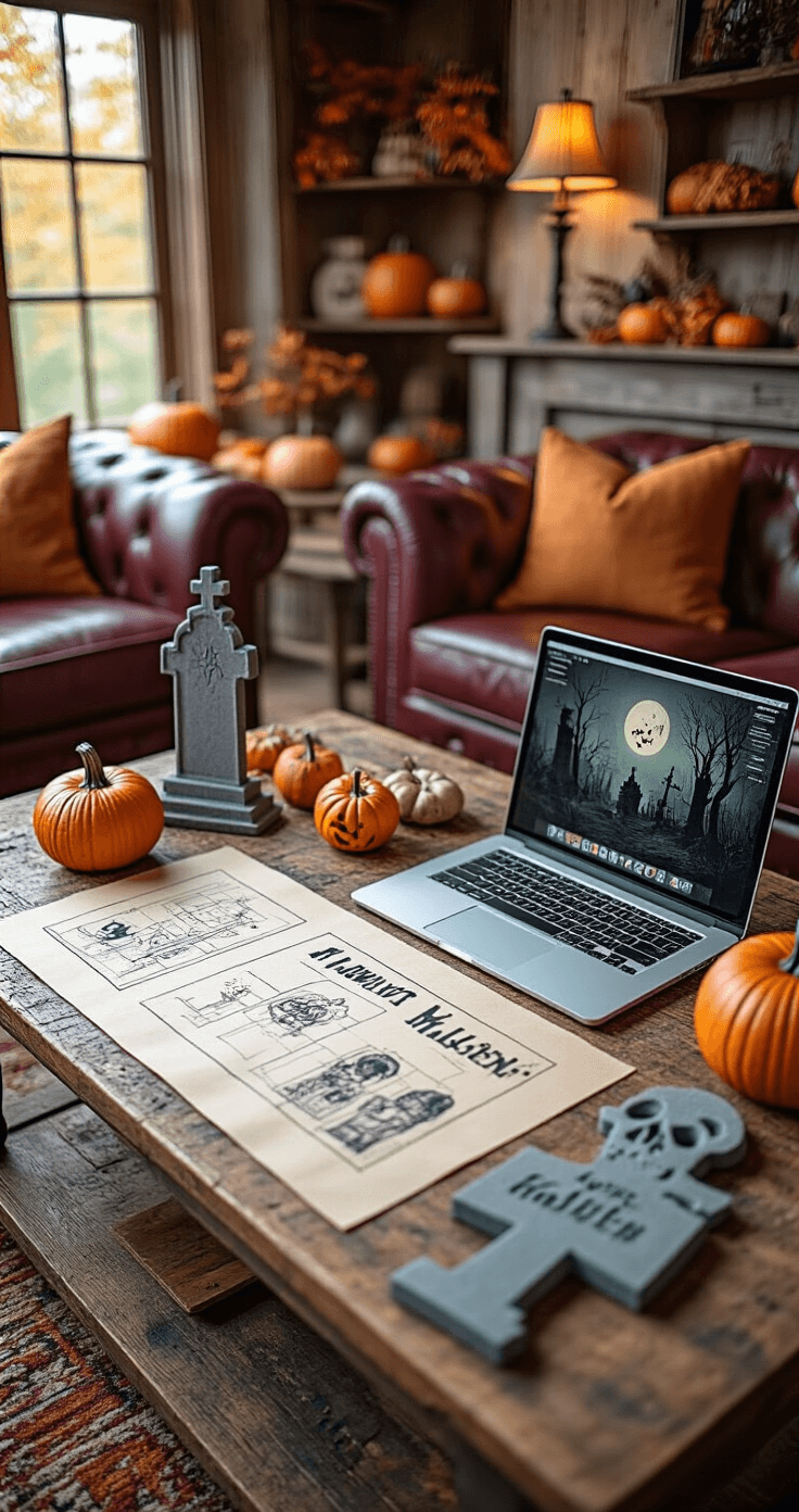 Haunting Halloween: Create a Spine-Chilling Front Yard Graveyard Display That'll Make the Neighbors Scream Cozy living room with a rustic coffee table cluttered with Halloween design materials, including printed sketches and foam tombstone samples, illuminated by warm lamp light, featuring a burgundy leather sofa and autumn decorations on shelves.