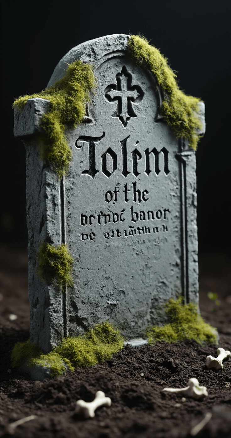 Haunting Halloween: Create a Spine-Chilling Front Yard Graveyard Display That'll Make the Neighbors Scream Close-up of a weathered tombstone with gray paint, artificial moss, and Gothic lettering, featuring dramatic side lighting that accentuates its textures, along with fake spider webs and scattered dark soil containing small bones.