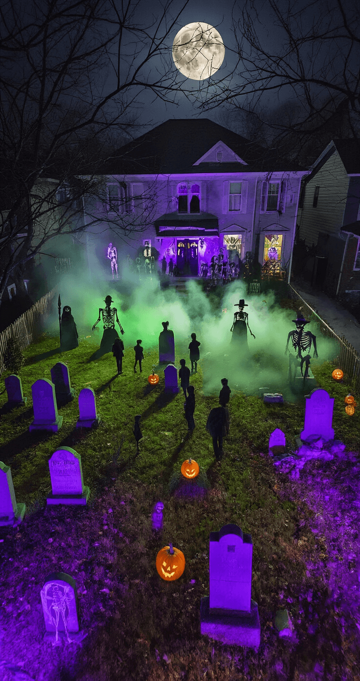 Haunting Halloween: Create a Spine-Chilling Front Yard Graveyard Display That'll Make the Neighbors Scream Aerial view of a transformed Halloween graveyard display featuring grave markers, skeletons, and fog, with trick-or-treaters silhouetted against the eerie illuminated scene and a full moon peeking through bare branches.