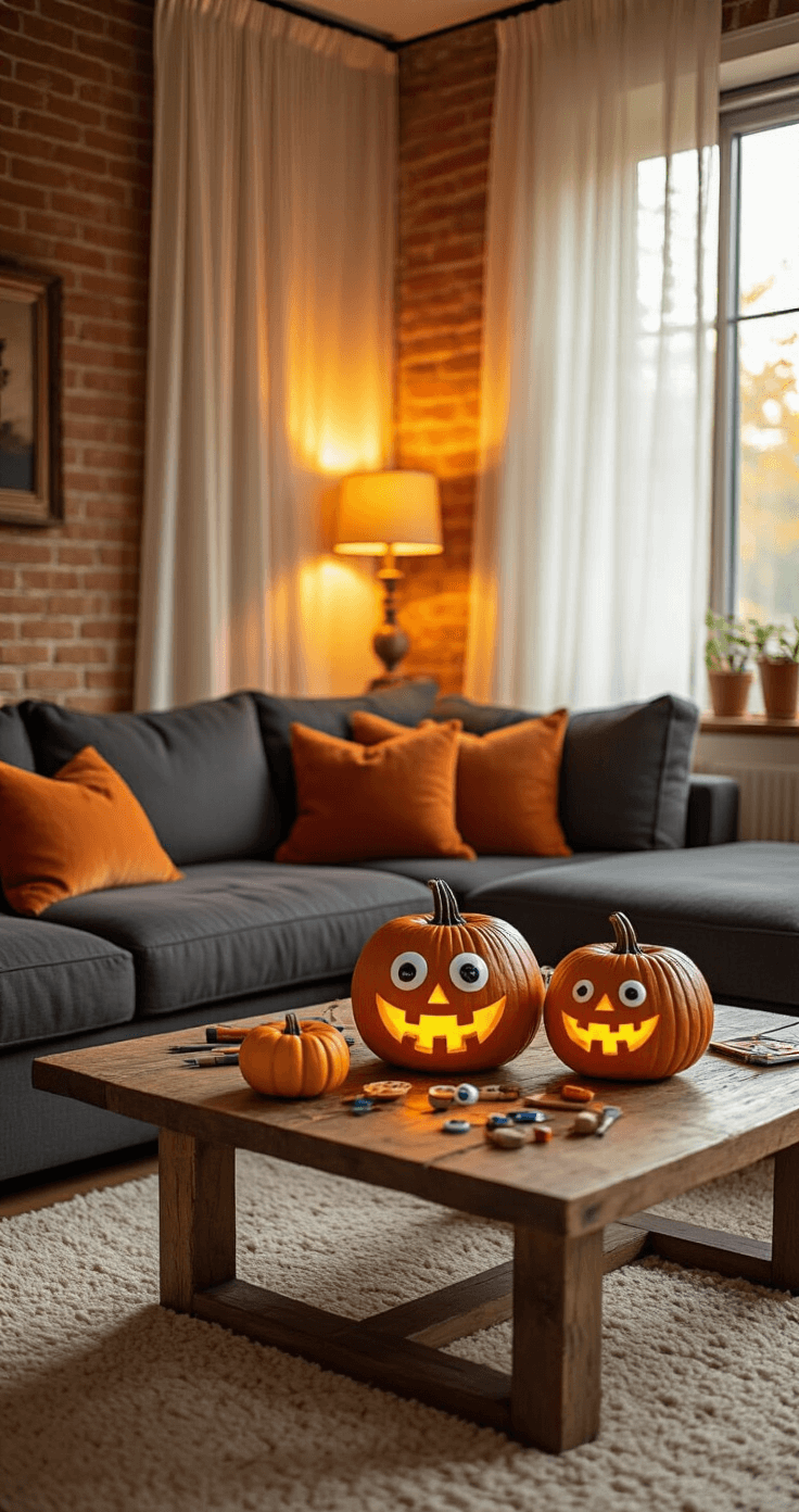 25 Spooktacular Jack-o'-Lantern Carving Ideas to Elevate Your Halloween Decor Cozy living room scene at golden hour with warm amber light, featuring whimsical carved pumpkins on a rustic oak table, scattered craft supplies, a plush charcoal sectional sofa with burnt orange pillows, and an exposed brick wall, all captured from a low angle for an intimate autumnal atmosphere.