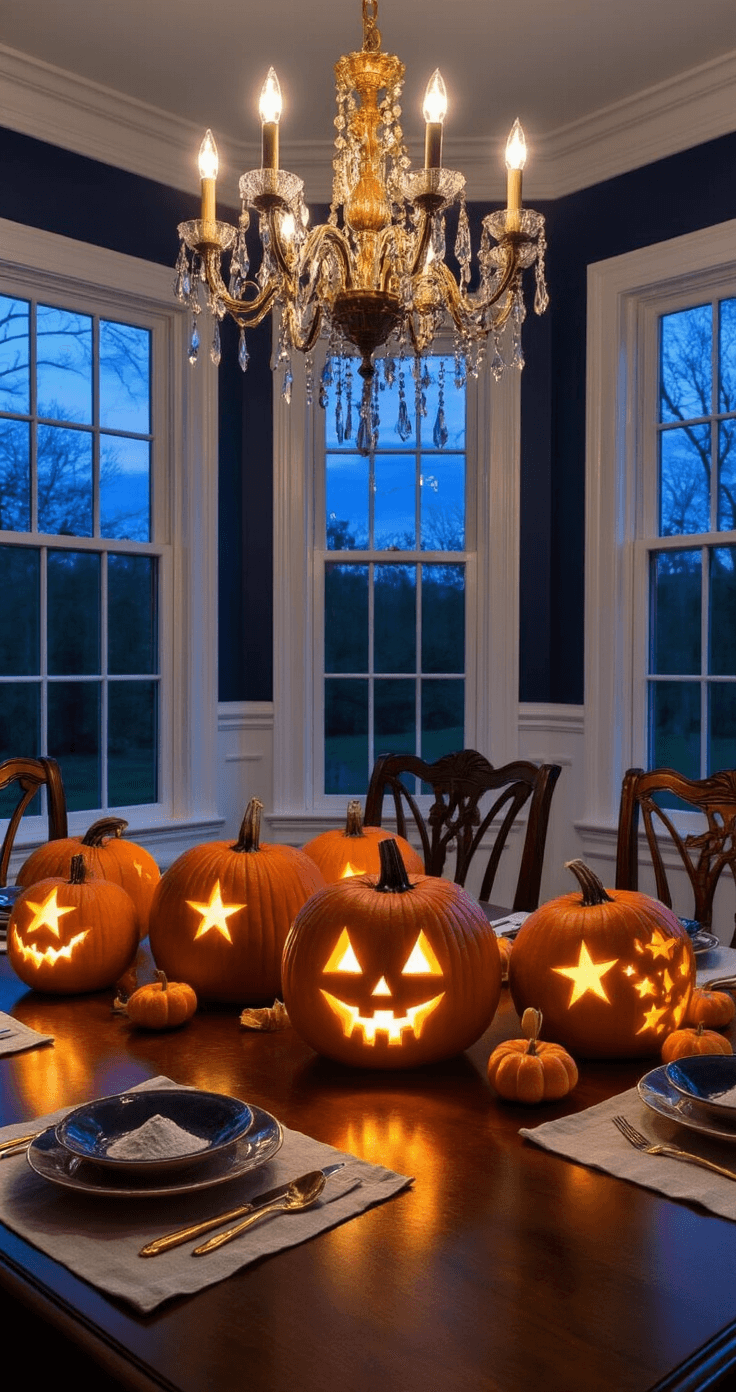 25 Spooktacular Jack-o'-Lantern Carving Ideas to Elevate Your Halloween Decor Elegant dining room at twilight with dim chandelier, featuring a mahogany table adorned with glowing star-pattern carved pumpkins. Deep navy blue walls and gold accents enhance the moody ambiance. Precision carving tools and flour dust on linen placemats add to the sophisticated Halloween styling, as tall windows frame a dusky purple sky. Dramatic chiaroscuro lighting highlights intricate celestial designs on the pumpkins.