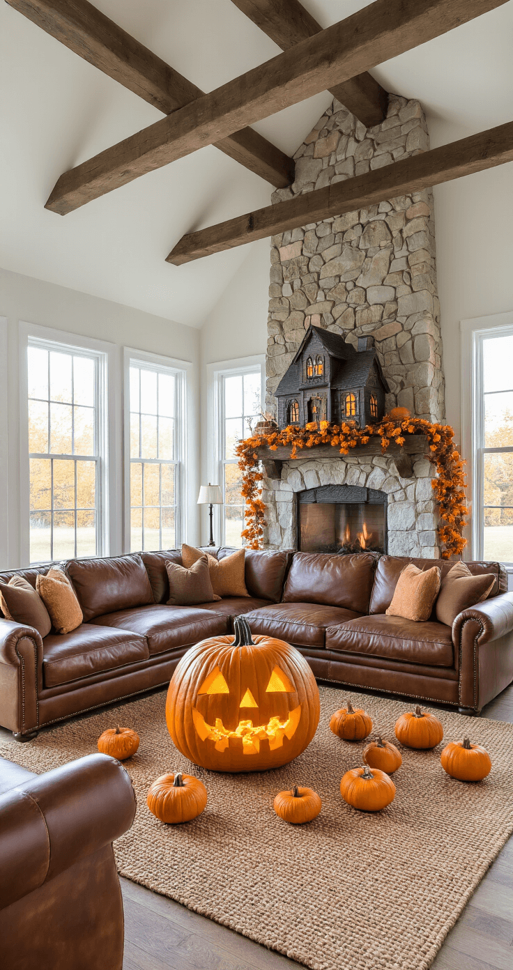 25 Spooktacular Jack-o'-Lantern Carving Ideas to Elevate Your Halloween Decor Spacious family room featuring vaulted ceilings and afternoon light, with a large sectional around a whimsical pumpkin display where a carved 'hungry' pumpkin appears to devour smaller gourds and a haunted house tableau. The room boasts weathered leather furniture, a jute rug, exposed wooden beams, and a stone fireplace adorned with autumn garland, all evoking a rustic farmhouse aesthetic.