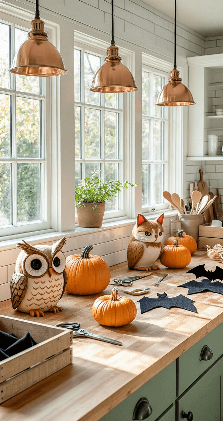 25 Spooktacular Jack-o'-Lantern Carving Ideas to Elevate Your Halloween Decor Sunlit kitchen island workspace adorned with animal-themed carved pumpkins, featuring an owl, cats, and bats. Butcher block countertop, white subway tile backsplash, and sage green cabinets create a warm, inviting atmosphere. Copper pendant lights illuminate carving tools and black felt organized in vintage wooden crates, captured from an overhead angle that highlights the crafting process in a modern farmhouse style.
