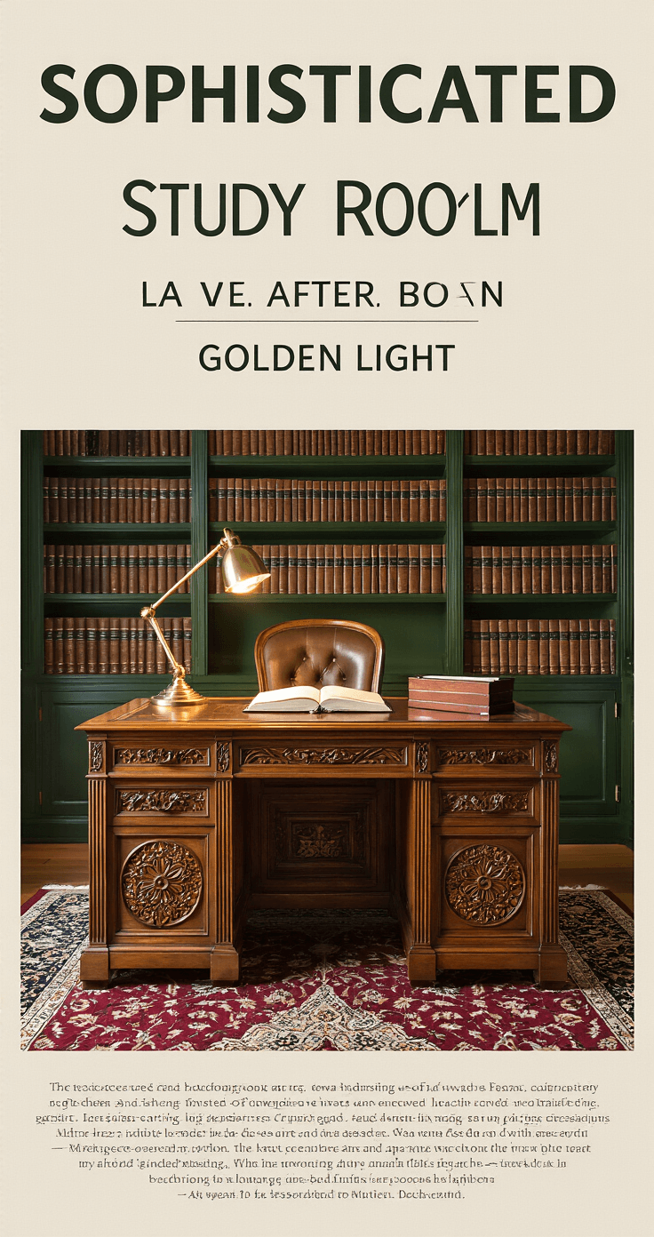 25 Spooktacular Jack-o'-Lantern Carving Ideas to Elevate Your Halloween Decor A sophisticated study room bathed in golden late afternoon light, featuring a rich walnut desk with advanced carved designs and layered etchings, deep forest green walls lined with leather-bound books, a brass desk lamp for focused lighting, precision carving tools arranged methodically, and a burgundy and gold Persian rug, emphasizing intricate craftsmanship and dramatic side lighting.