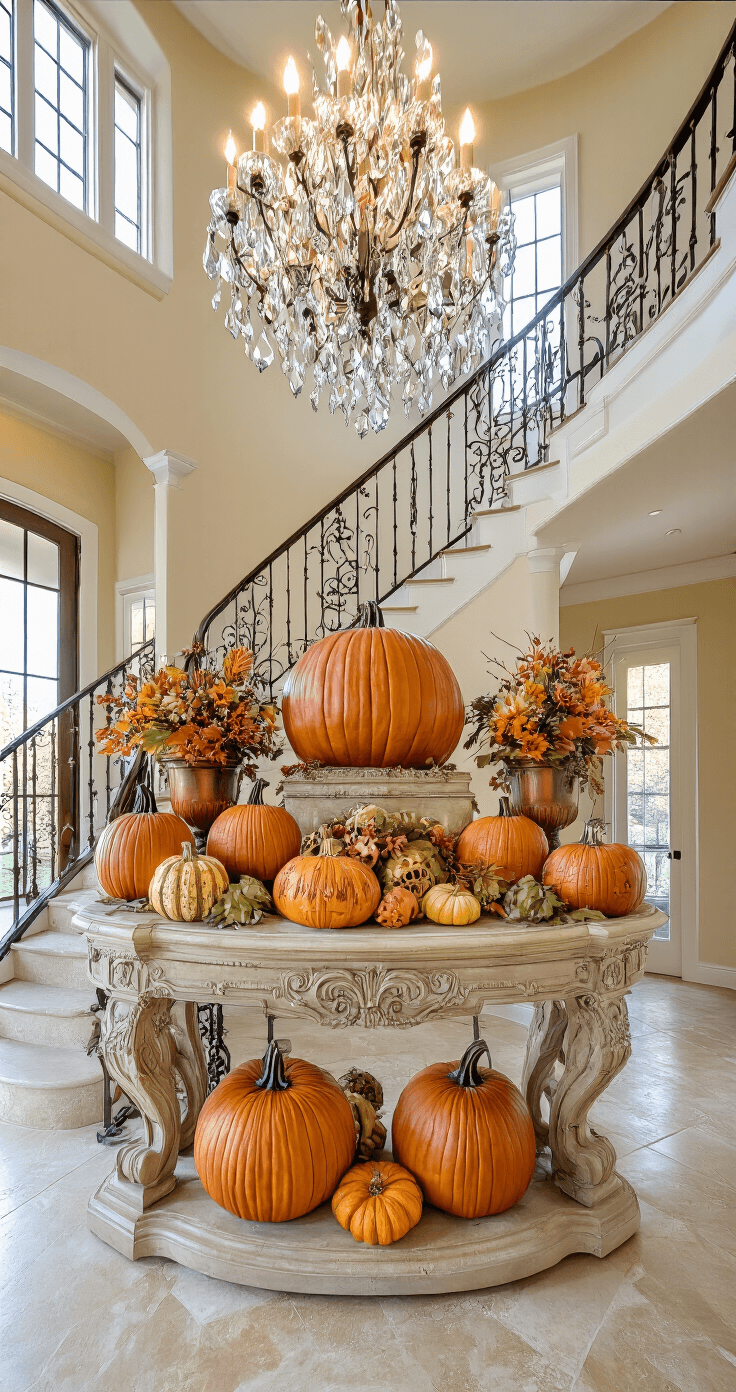 25 Spooktacular Jack-o'-Lantern Carving Ideas to Elevate Your Halloween Decor A grand foyer with a two-story ceiling and travertine flooring, featuring an antique console table adorned with a themed pumpkin collection and harvest display. The space captures early evening ambiance, showcasing warm terra cotta and golden yellow colors, autumn foliage in copper urns, and a crystal chandelier casting prismatic light, viewed from an elevated angle.