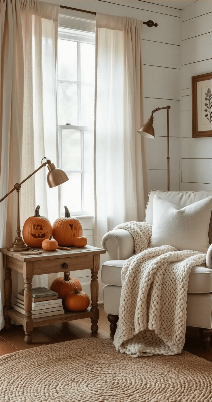 25 Spooktacular Jack-o'-Lantern Carving Ideas to Elevate Your Halloween Decor Cozy reading nook with soft afternoon light, featuring a reclaimed wood side table displaying pumpkin carving tools, oversized oatmeal linen armchair with a chunky knit throw, vintage brass floor lamp, and whitewashed shiplap walls, creating a warm and inviting creative workspace atmosphere.