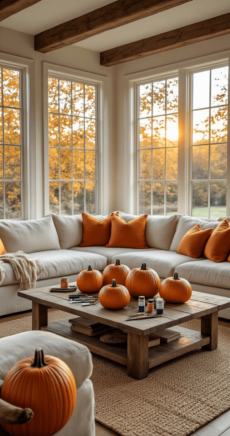 Cozy autumn living room with golden hour light illuminating a rustic wooden coffee table adorned with unpainted orange pumpkins and art supplies, warm cream sectional sofa with burnt orange pillows, hardwood floors and jute rug, exposed beams creating an inviting atmosphere.