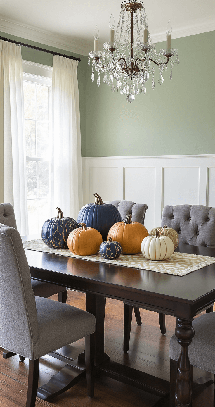 Elegant dining room with geometric-patterned pumpkins in navy blue and gold on a dark walnut table, illuminated by morning light through sheer curtains, featuring high-backed charcoal gray chairs, white wainscoting, sage green walls, and a crystal chandelier.