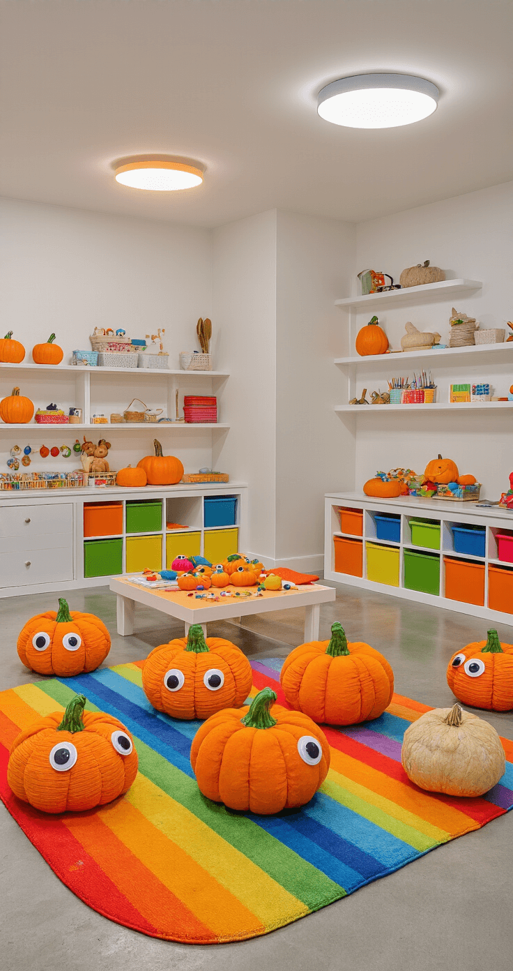 A whimsical children's playroom featuring textured pumpkin creations under bright LED lights, colorful storage cubes around a low play table adorned with googly-eyed pumpkins and fabric-wrapped gourds, a rainbow area rug on polished concrete floors, and white built-in shelving showcasing completed projects and crafting materials like thumb tacks and modeling clay, all seen from an elevated camera angle.