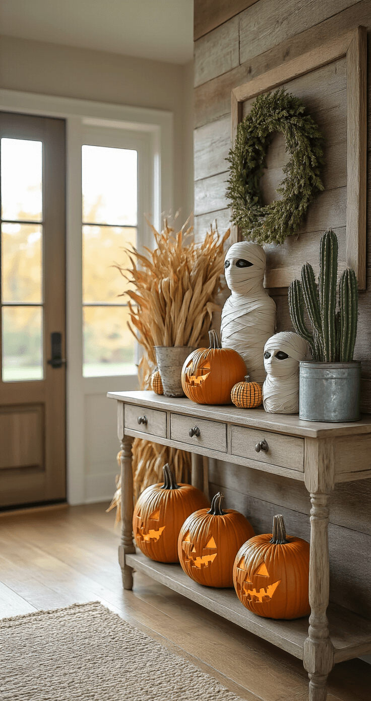A cozy entryway decorated for fall with themed pumpkin transformations, including mummy-wrapped pumpkins and cactus-shaped gourds on an antique console table, illuminated by soft morning light through a glass front door, against a weathered barn wood accent wall and vintage galvanized metal accessories, complemented by dried corn stalks and warm honey oak flooring.