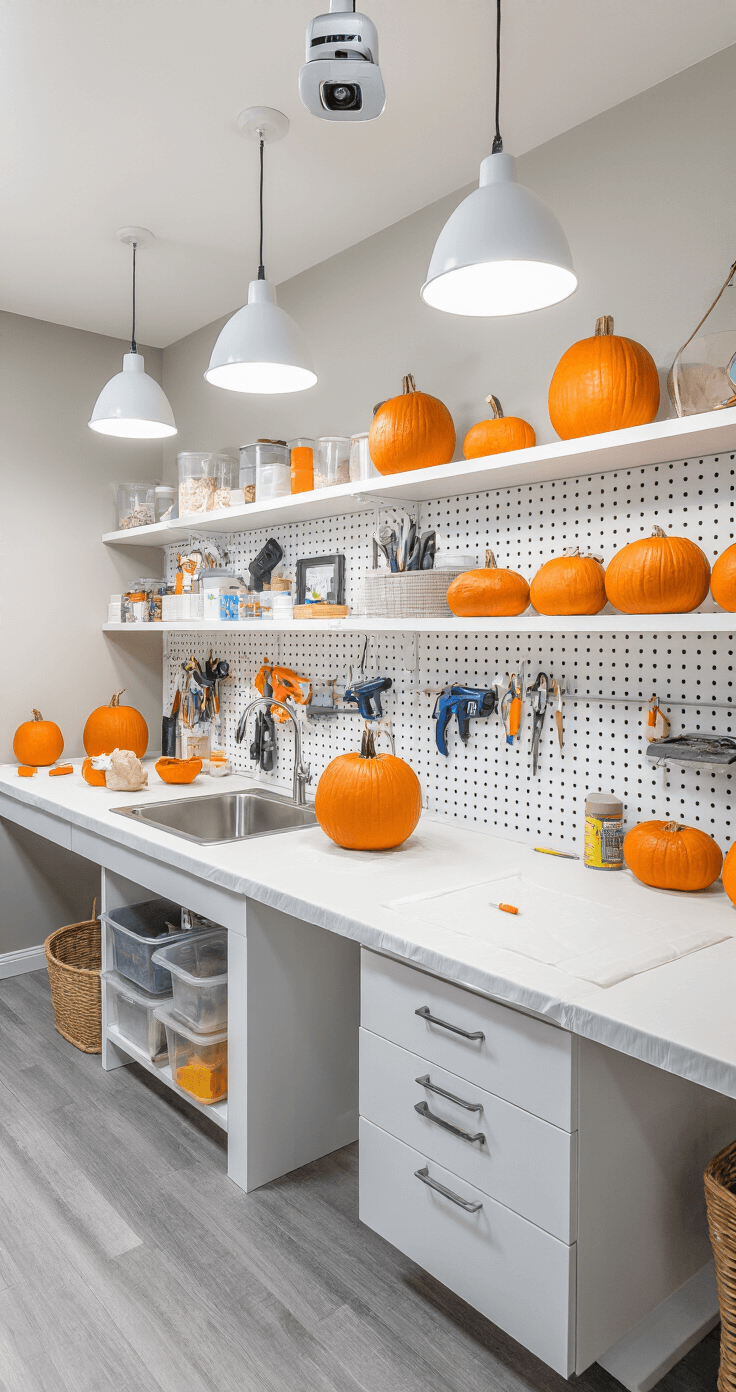 Modern craft room featuring a pumpkin preparation station with bright pendant lighting, a sleek white workbench covered in a disposable tablecloth, a wall-mounted pegboard holding painting supplies and hot glue guns, gray laminate flooring, organized floating shelves with craft materials, and a stainless steel sink, all captured from an overhead angle for an organized and artistic workspace.
