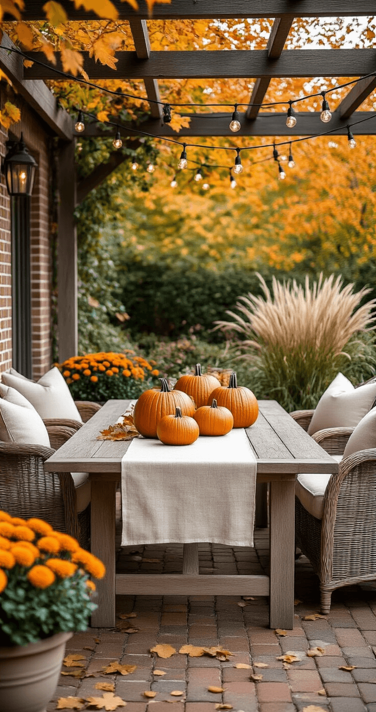 A beautifully styled outdoor patio featuring a weathered teak table with decorated pumpkins under a pergola, surrounded by wicker furniture and string lights, with fall leaves scattered on brick paving and potted mums in the background.
