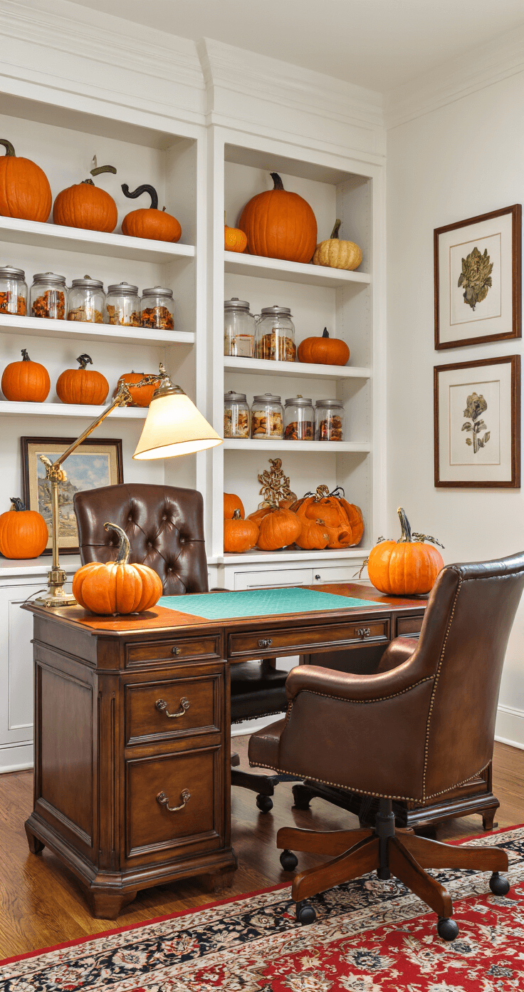 A sophisticated home office transformed into a pumpkin decorating studio, featuring a warm desk lamp casting light over a mahogany desk covered with a craft mat, surrounded by built-in bookcases filled with glass jars of decorating supplies, a leather executive chair, hardwood floors with a Persian area rug, framed artwork on the walls, and an array of beautifully decorated pumpkins on floating shelves, all emphasizing detailed craftsmanship in an elegant interior setting.