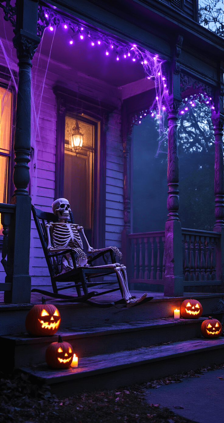 Wide-angle shot of a Victorian front porch at twilight, featuring a life-sized skeleton in an antique rocking chair surrounded by cobwebs, illuminated by purple LED lights and flickering candles. The scene includes carved jack-o'-lanterns and a fog machine, with deep blacks and shadowy purples enhancing the eerie atmosphere.