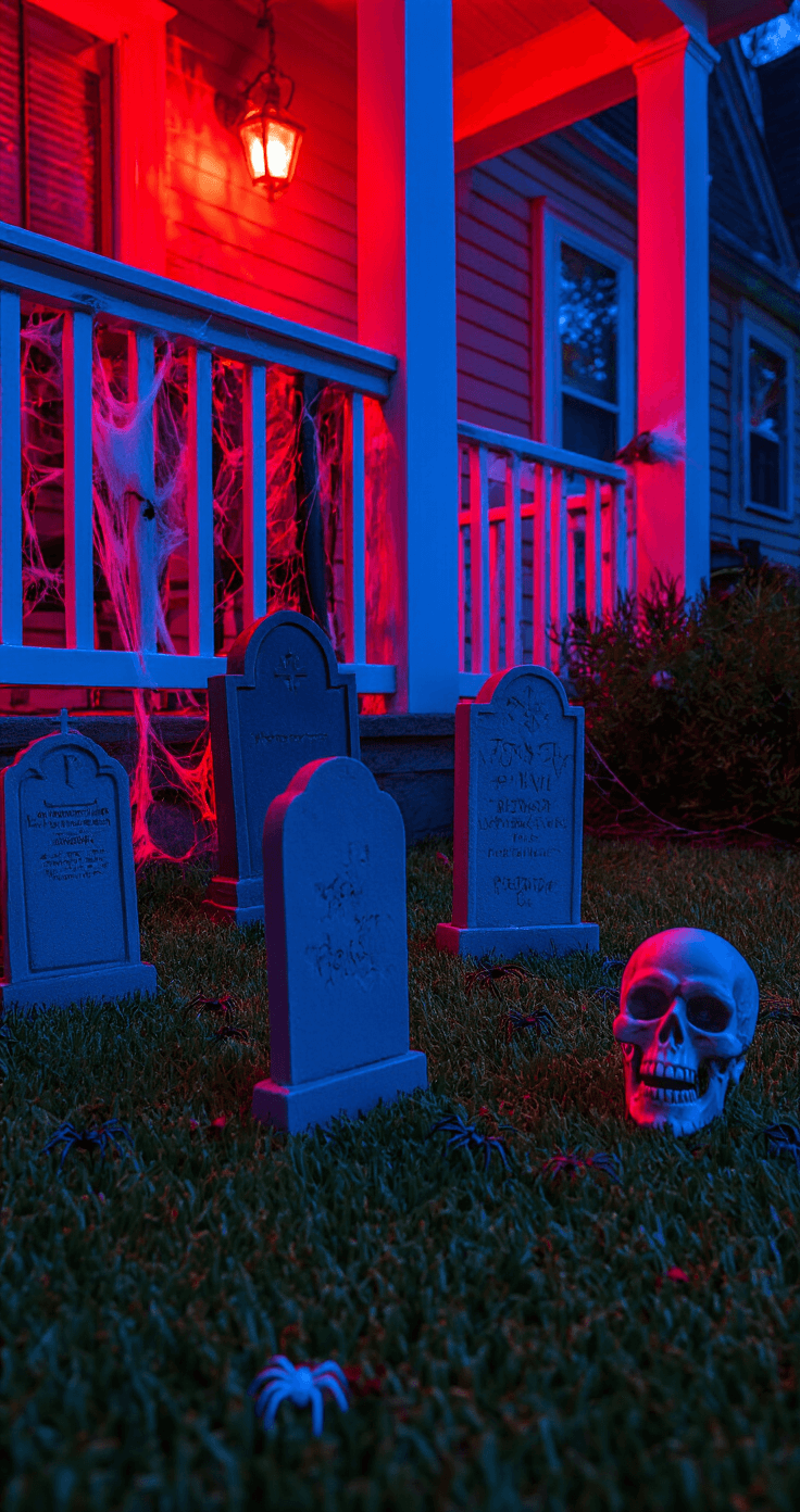 A medium shot of a porch corner at blue hour, featuring a mini graveyard scene with asymmetrically clustered foam tombstones on artificial grass, a blacklight illuminating a fake skeleton behind the largest headstone, cotton spider webs with plastic spiders, and blood red accent lighting highlighting Gothic details, all viewed from pedestrian eye-level.