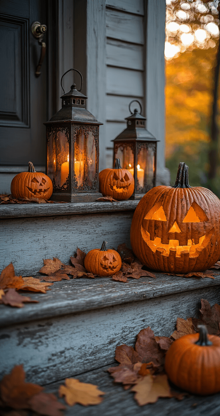 Close-up of spooky porch steps at golden hour, featuring flickering candlelit thrift store lanterns, carved pumpkins in decay, and scattered autumn leaves in deep orange and brown, with a visible antique brass doorknob in the background.
