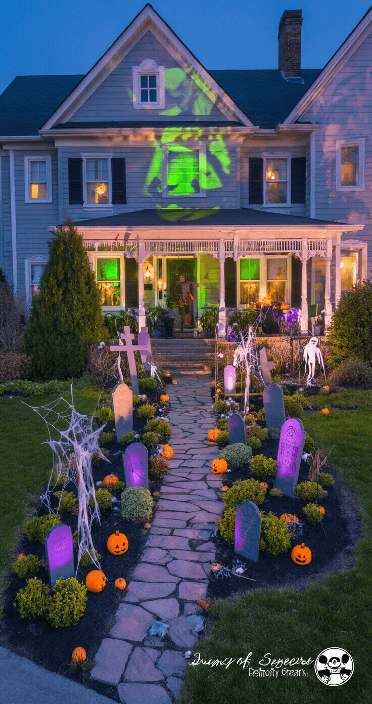 Aerial view of a Halloween front yard display at dusk, featuring DIY foam board tombstones leading to a porch, embellished with cotton spider webs on shrubs. Purple and green LED uplighting casts dramatic shadows on the colonial house facade, while life-sized props are arranged using the rule of odds to enhance depth and composition.