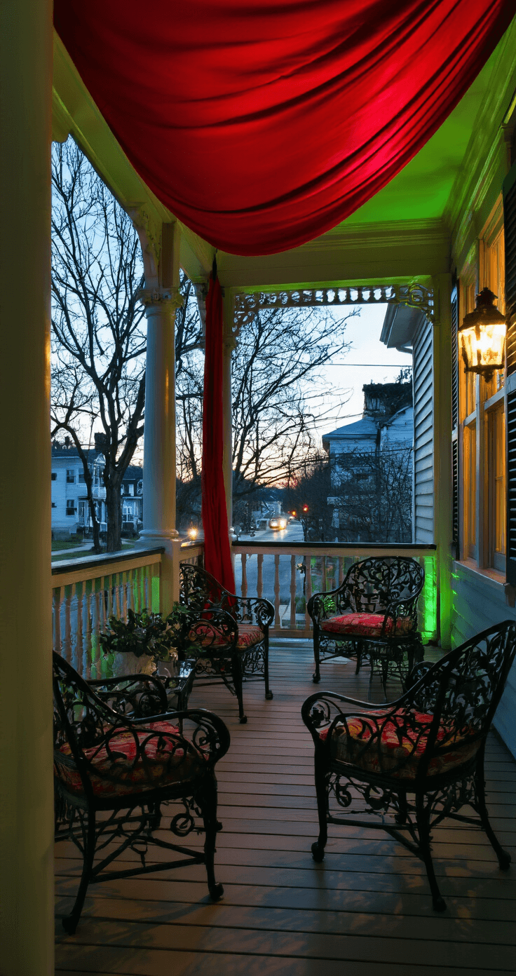 Twilight view from an interior porch, featuring wrought iron furniture in deep black, sickly green accent lighting, blood red fabric draped overhead, and shadowy purples from string lights illuminating glass windows, creating a tense atmosphere with low-key lighting and dramatic contrasts.