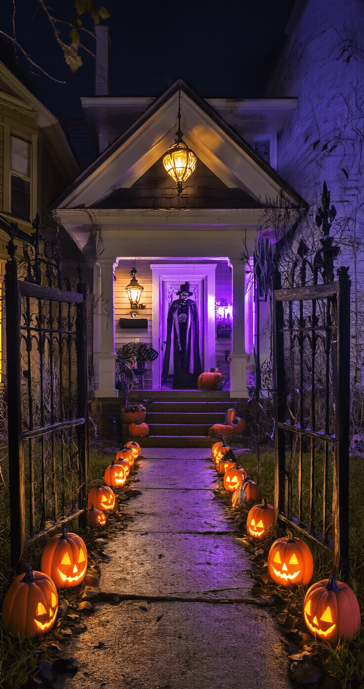 Ground-level view of a Halloween-themed porch at night, featuring battery-operated pathway lights guiding a clear walkway through spooky decorations, illuminated house numbers, and fake cemetery gates by the steps. The scene is lit with flickering lanterns and purple LEDs, offering a blend of safety and eerie ambiance, captured from a child's eye level.