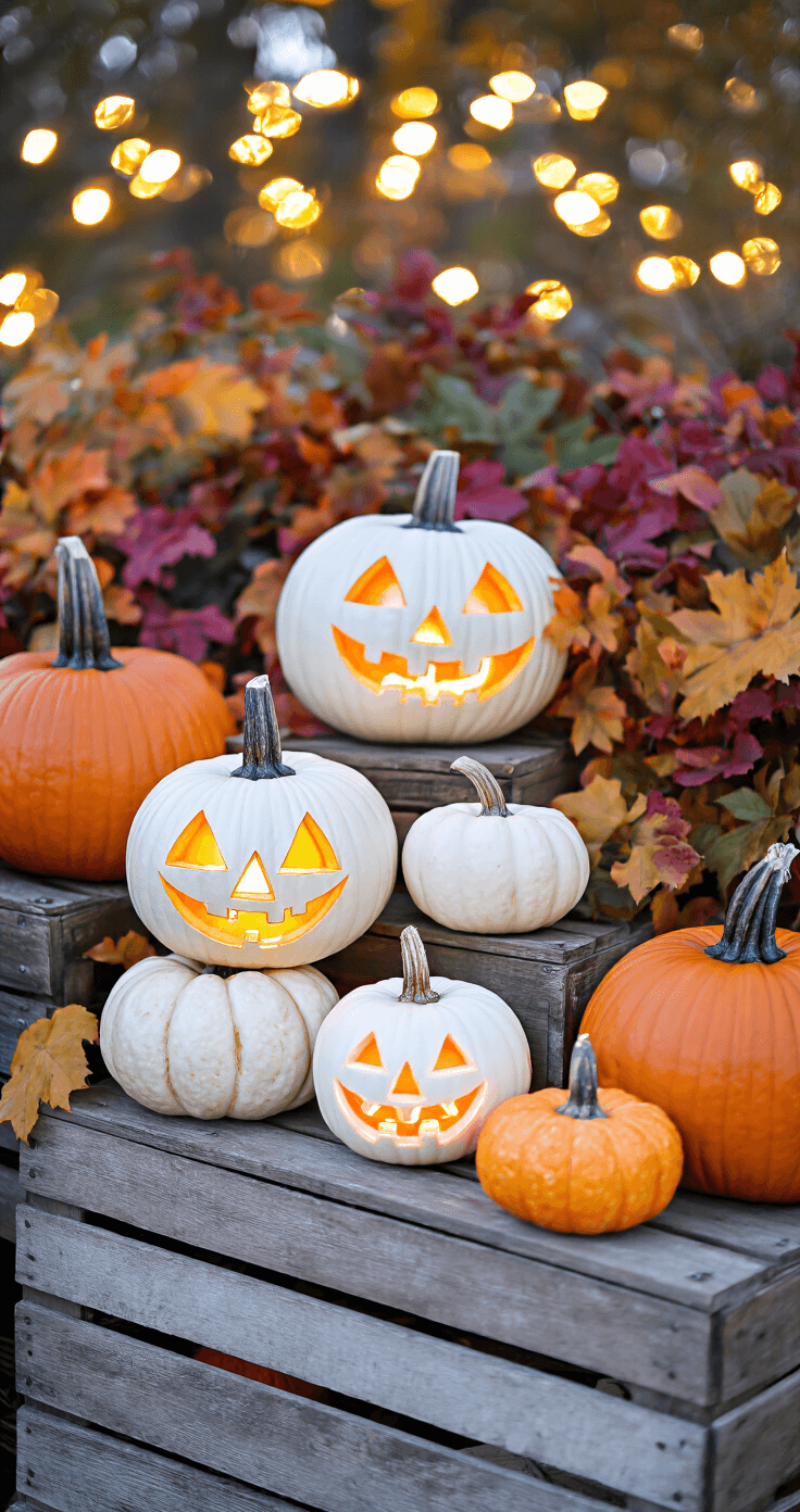 A detail shot of an odd-numbered grouping of carved pumpkins on a vintage wooden crate, surrounded by realistic autumn foliage. The scene is illuminated by blacklight, creating an ethereal glow on white pumpkins alongside traditional deep orange jack-o'-lanterns. The background is blurred with bokeh from string lights, emphasizing the textures and intricate carving work of the pumpkins at magic hour.
