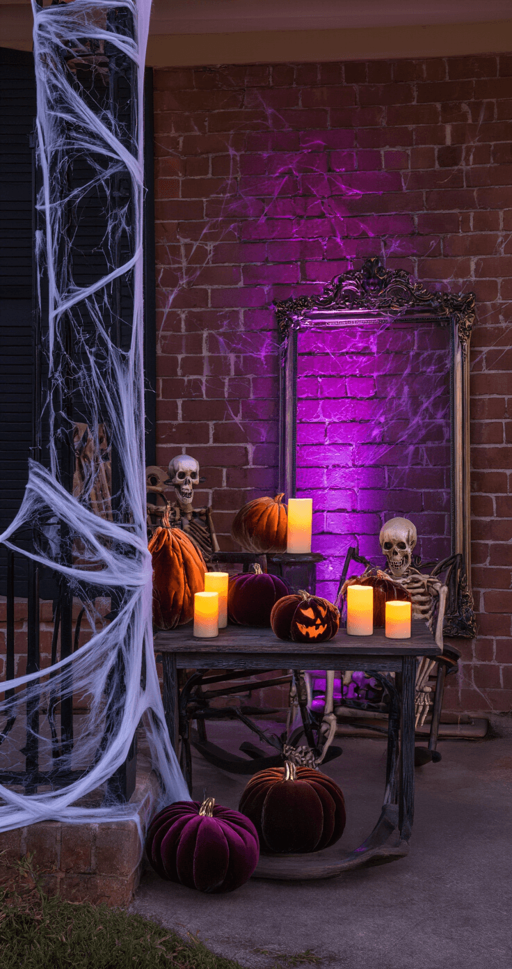 A dramatic Halloween-themed porch with black iron railings draped in spider webs, a life-sized skeleton in a rocking chair, and purple LED uplighting enhancing the brick facade. The scene features clustered pillar candles, a large ornate mirror reflecting candlelight, and asymmetrically arranged velvet pumpkins in jewel tones, all set against a sophisticated color scheme of deep plum, gold, and charcoal black.