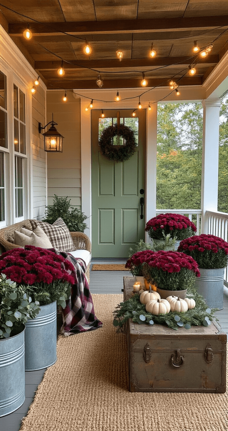 A cozy porch at blue hour features warm string lights illuminating a reclaimed wood ceiling, with a sage green farmhouse door and galvanized metal planters filled with burgundy mums. A plaid wool throw adorns a wicker settee, complemented by a jute runner and a distressed trunk coffee table adorned with mercury glass votives, miniature white pumpkins, pinecones, and eucalyptus garlands, all in a neutral palette of cream, sage, and warm brass.