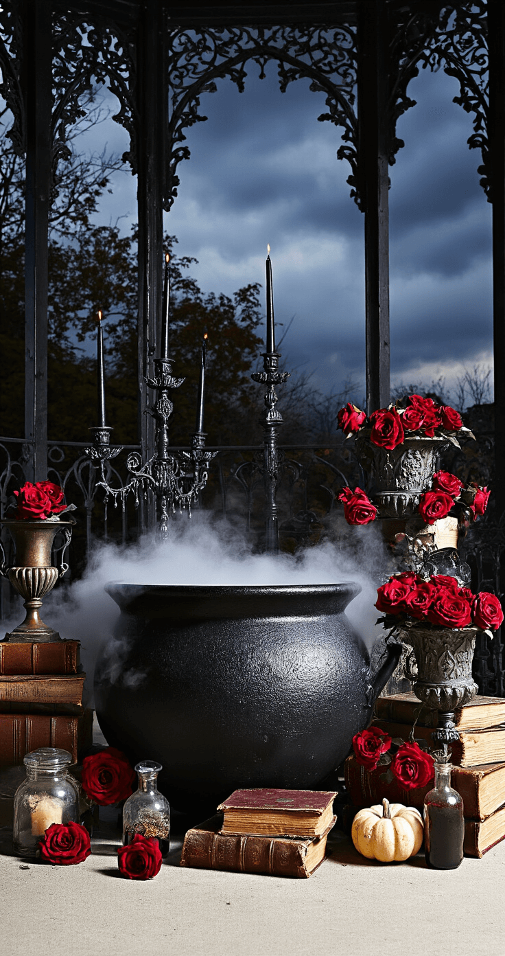 Gothic Halloween vignette at dusk featuring a wrought-iron Victorian porch, an oversized black cauldron surrounded by dry ice fog, crimson roses in antique urns, ornate candelabras with dripping black candles, and vintage apothecary bottles on distressed leather-bound books and aged parchment scrolls, all in a color palette of midnight black, blood red, and tarnished silver.