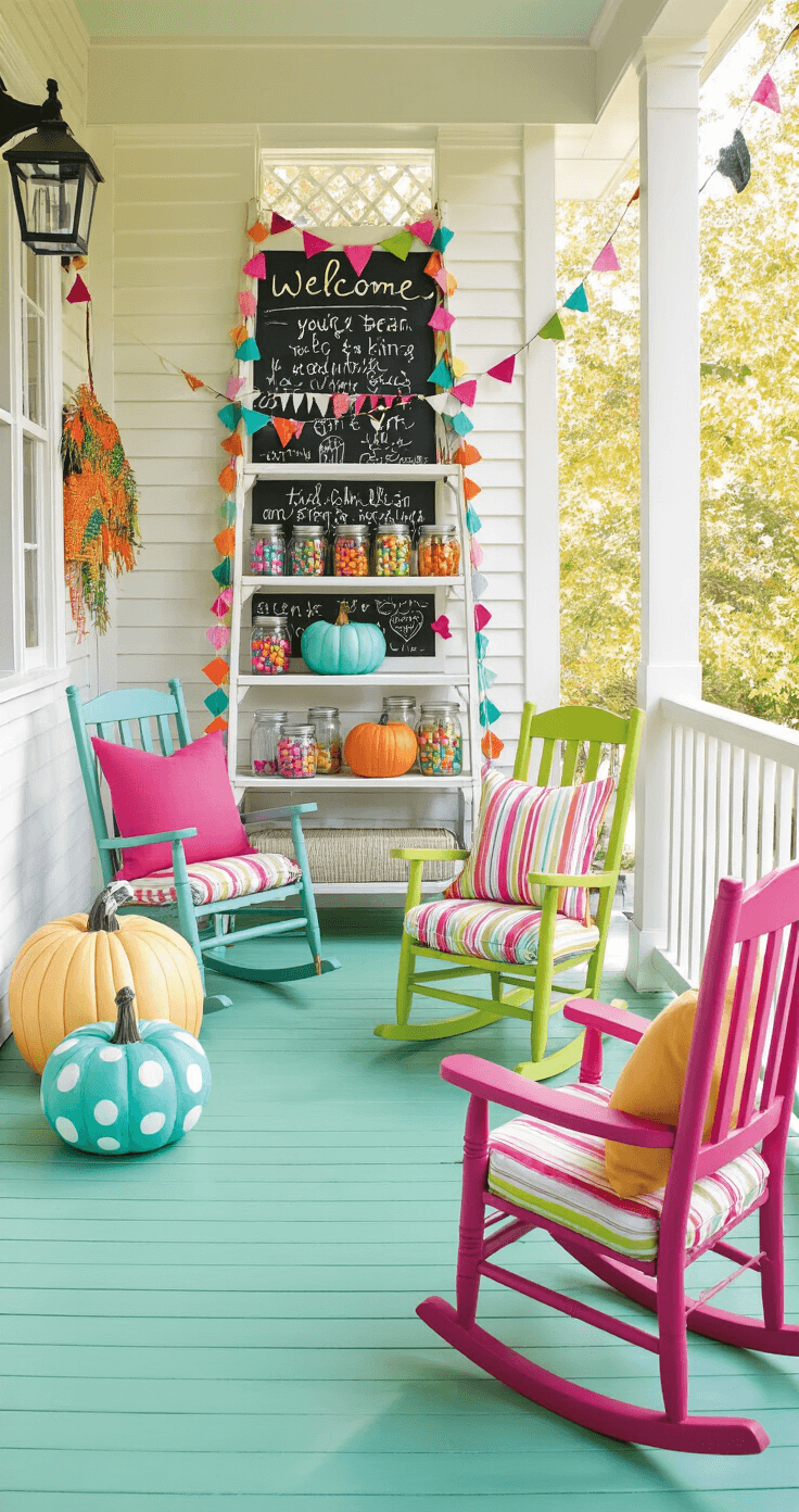 A whimsical family-friendly porch adorned with oversized polka-dot pumpkins in turquoise, lime, and magenta, featuring a painted mint green wooden floor, a vintage ladder shelf with candy-filled mason jars, colorful handmade felt garlands, bright children's rocking chairs, and a chalkboard welcome sign, all captured in soft morning light.