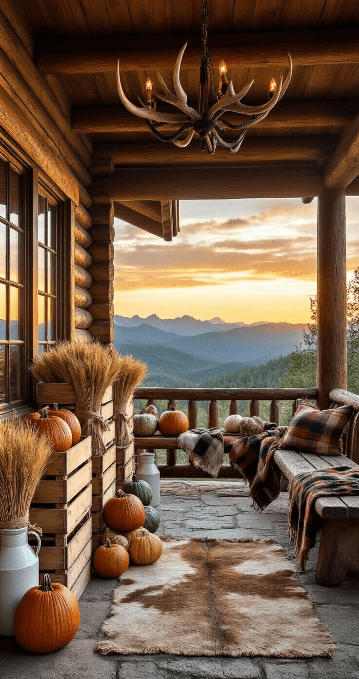 A rustic cabin porch at sunset featuring log construction and a stone foundation, adorned with asymmetrically stacked weathered crates filled with heirloom pumpkins and gourds in orange, cream, and green hues. Bundled wheat sheaves tied with burlap, vintage milk jugs as planters, and a cowhide rug over worn wooden planks. A log bench with folded Pendleton wool blankets and an antler chandelier hanging from an exposed beam ceiling, set against an expansive mountain vista in an earthy palette of amber, rust, and forest green.