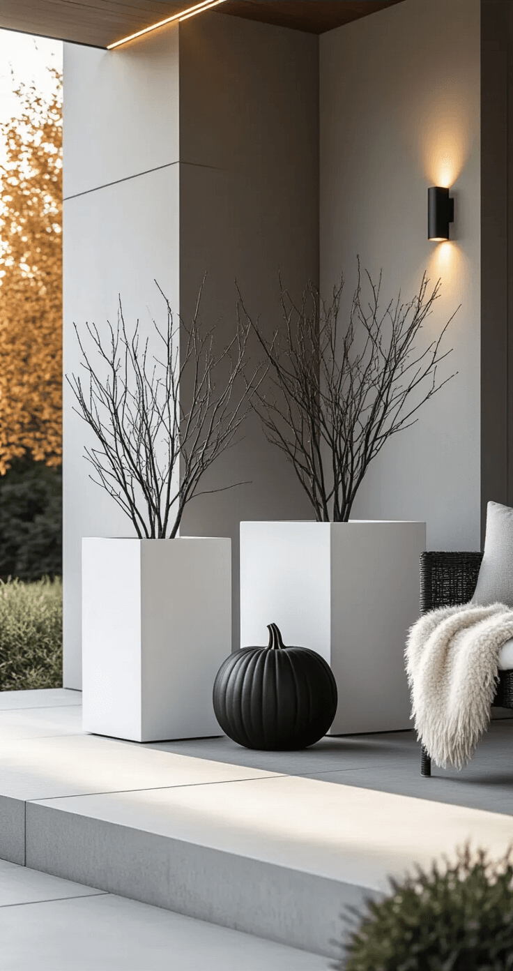 A modern minimalist Halloween porch featuring clean lines, steel and concrete elements, geometric white planters with bare branches, a matte black pumpkin, sleek integrated LED strip lighting, and contemporary outdoor furniture with a sheepskin throw, all captured in crisp afternoon light.