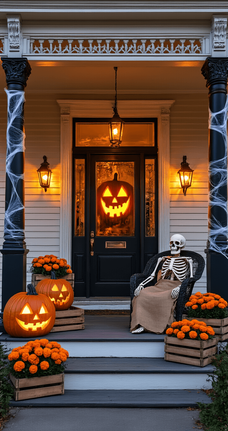 Spook-tacular Halloween Front Porch: Your Ultimate Decoration Guide Wide-angle shot of a Victorian front porch at golden hour, showcasing carved jack-o'-lanterns, a burlap-clad skeleton on a wicker chair, marigolds in wooden crates, charcoal columns with spider webs, and warm LED string lights, all in orange and black hues with copper accents.