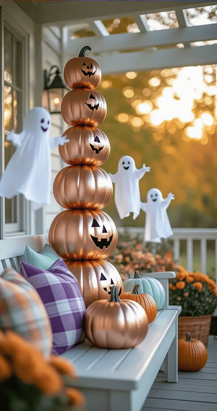 Spook-tacular Halloween Front Porch: Your Ultimate Decoration Guide A whimsical Halloween porch with playful metallic rose gold faux pumpkins in topiary formation, cheerful white cotton ghost figures, pastel purple and mint green accents, smiling bat cutouts, cozy autumn plaid throw pillows on a painted wooden bench, and soft natural light filtering through an overhead pergola.