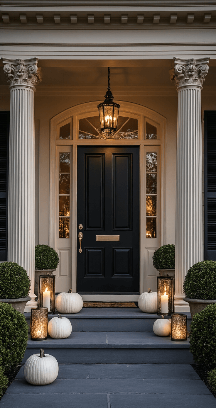 Spook-tacular Halloween Front Porch: Your Ultimate Decoration Guide Low angle view of an elegant haunted porch at twilight, showcasing a sophisticated matte black door flanked by cream columns, with flickering candlelit mercury glass hurricanes, white pumpkins with gold leaf accents, and luxurious velvet ribbon, surrounded by manicured boxwood topiaries in aged stone planters, all framed in moody atmospheric lighting.